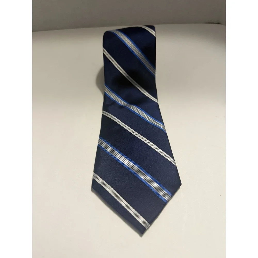 Jones New York Mens Silk Necktie Navy Blue Silver Striped Classic Formal Tie